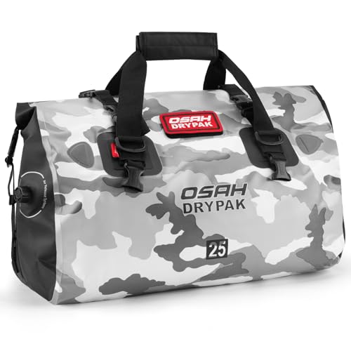 OSAH DRYPAK Waterproof Duffel Bag - Motorcycle Dry Bag Tail Bag with Large Storage Space, Waterproof Luggage Duffle Bags with Outer Mesh Zipper Pocket for Camping, Kayaking, Fishing & Traveling - color: Sky Grey, size: 25L
