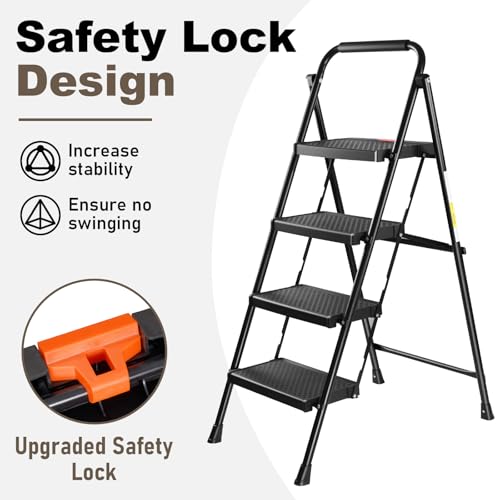 Valeo 4 Step Ladder, 4 Step Ladder for Adults with with Safe-Lock Design, Wide Anti-Slip Pedal, 500lbs Sturdy Steel Ladder, Step Stool Foldable with Cushioned Handle,Black - style: 4 Step Ladder