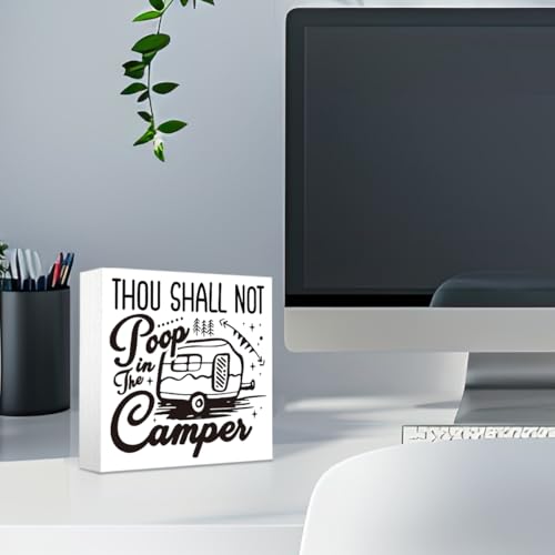 Thou Shall Not Poop in the Camper Sign, Camper Sign, Rustic Box Sign Decor Tabletop, Camper Rules Sign, Farmhouse Camping Sign, Campsite Decoration, White Wooden Box Sign, Table Shelf Decor