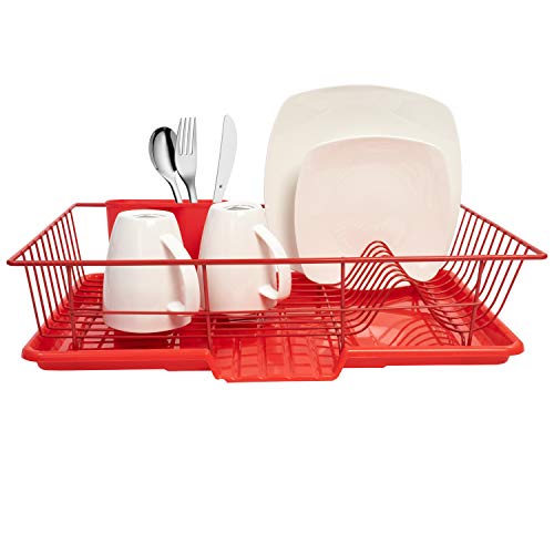 Sweet Home Collection Space-Saving 3-Piece Dish Drainer Rack Set: Efficient Kitchen Organizer for Quick Drying and Storage - Includes Cutlery Holder and Drainboard - Maximize Countertop Space, Red - color: Red