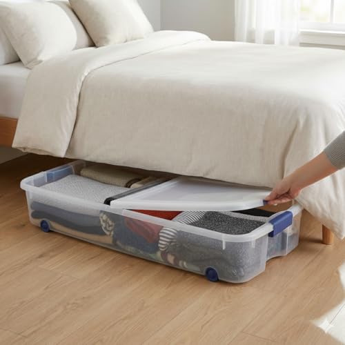 66 Quart Underbed Storage Bin with Wheels & Clear Lid, Under Bed Storage Container for Blankets, 39.5" x 20.25" x 7", Split-Lid Design & Smooth Gliding Wheels