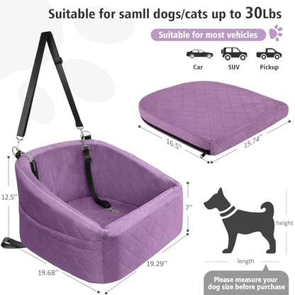 NEEZUKAR Dog Car Seat for Small Medium Dogs,Detachable Washable Dog Booster Seat Under 30lbs, Pet Car Seats Travel Bed with Storage Pockets and Safety Belt (Purple) - color: Purple