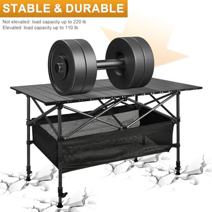 Folding Camping Table, Outdoor Roll-up Table Height Adjustable & Portable Metal Camp Grill Table for Picnic, BBQ, Party, Backyard, Beach, Mesh Storage and Carry Bag (Ash Black, 37.4'' Large) - size: 37.4'' Large