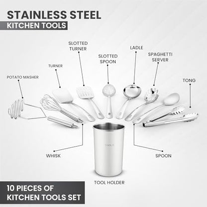 Avador® Premium Set of 10 Stainless Steel (WHITE HOLDER) Kitchen Tool Set with Holder Easy To Clean, Space Saving, Great for Cooking, Baking, Prepping (WHITE) - color: White