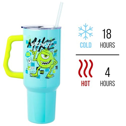 Silver Buffalo Disney Pixar Monsters Inc. Double Walled Stainless Steel Tumbler with Handle Featuring Mike Wazowski, Fits in Standard Cup Holder, 40 Ounces - color: Monsters Inc Mike Wazowski