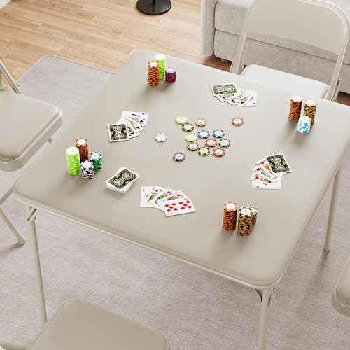 GarveeHome 33.6 in Folding Card Table, Portable Square Folding Table with PU Leather Soft Cushion, Foldable Table Suitable for Dining Room, Living Room, Office, Camping - color: Beige