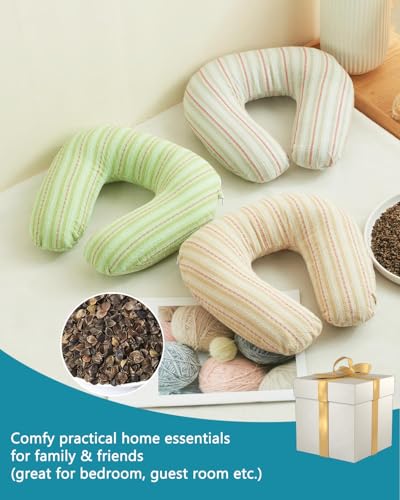 Buckwheat U Shaped Neck Pillow - 12''x12'' Adjustable Cervical Support Pillow with Breathable Buckwheat Hulls, Removable Cotton Cover, Ideal for Airplane, Office or Home Use (Khaki) - color: Stripe-khaki