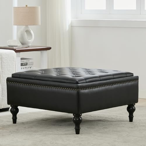 Storage Ottoman Coffee Table, Large Ottoman with Storage Oversized Square Footstool with Anti-Slip Embedded Lid, Tufted Upholstered Ottomans for Living Room, Black Faux Leather - color: Black
