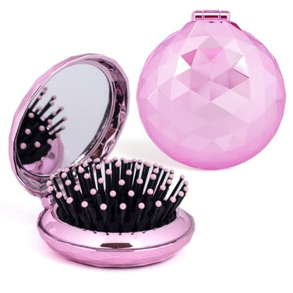 Shinning Diamond Design Folding Hair Brush Travel Hairbrush with Mirror,Pocket Foldable Comb Compact Brush for Purse for Girls and Women (Light Pink) - color: Diamond Light Pink