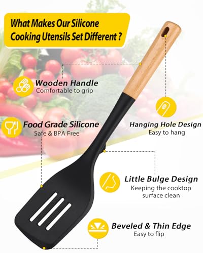 Silicone Kitchen Utensil Set for Non Stick Cookware, 7 Pcs Heat Resistant Cooking Utensils with Wooden Handle, BPA Free Kitchen Tools with Spatulas, Spoons, Skimmer and Pasta Fork (BLACK) - color: Black