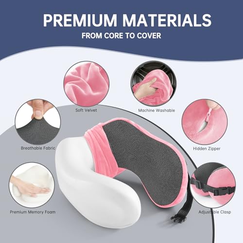 Neck Pillow Travel Pillow - 100% Pure Memory Foam Airplane Pillow with Adjustable Clasp & Removable Cover, Portable Travel Essentials for Long Flights, Car & Office (Pink) - color: Pink