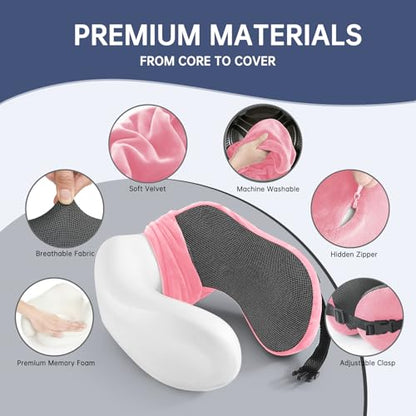 Neck Pillow Travel Pillow - 100% Pure Memory Foam Airplane Pillow with Adjustable Clasp & Removable Cover, Portable Travel Essentials for Long Flights, Car & Office (Pink) - color: Pink