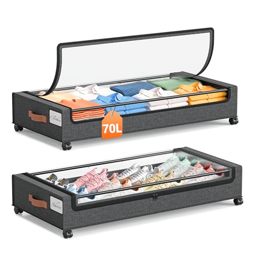 Yecaye 70L Under Bed Storage with Wheels, 2Pack Larger Capacity Under Bed Storage Containers, Underbed Shoe Storage Organizer, Rolling Under Bed Metal Drawers for Clothes, Blankets(35.5 x 17 x 6.7in) - color: Grey, size: Extra Large(2pack)