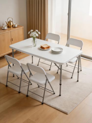 Folding Camping Table 4 Foot Adjustable Height 350lbs, 4FT Folding Picnic Card Table for Outdoor, Plastic Rectangular Dining Work Tables for Indoor, Heavy Duty Fold-in-Half Tray Tables - size: 4 FT
