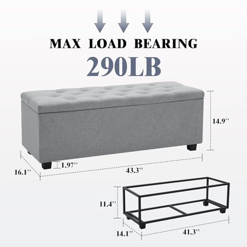 43" Ottoman with Storage and Sturdy Metal Frame, Tufted Upholstered Storage Bench, Modern Footboard Hideaway Chest with Removable Lid and Footrest for Living Room, Entryway (Light Gray) - color: Light Gray