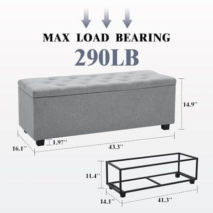 43" Ottoman with Storage and Sturdy Metal Frame, Tufted Upholstered Storage Bench, Modern Footboard Hideaway Chest with Removable Lid and Footrest for Living Room, Entryway (Light Gray) - color: Light Gray