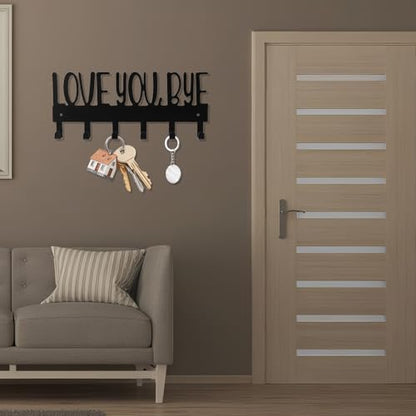 Lyreh Love You Bye Sign Key Holder Hook, Metal Wall Mount Hanger Rack with 2pcs Nails & Caps for Key Coats Hats Easy Installation Ideal Entryway Decor Home Organization Gift(Black) - style: Love You Bye