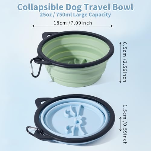 2Pack Silicone Collapsible Dog Bowls, Cute Pet Ear Shape and Cat Graphic Travel Water Bowl Full of Pet Atmosphere 25oz Portable Feeder for Small Large Dog Walking Hiking Camping (Light Blue and Green) - color: Light Blue and Green