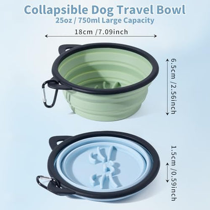 2Pack Silicone Collapsible Dog Bowls, Cute Pet Ear Shape and Cat Graphic Travel Water Bowl Full of Pet Atmosphere 25oz Portable Feeder for Small Large Dog Walking Hiking Camping (Light Blue and Green) - color: Light Blue and Green