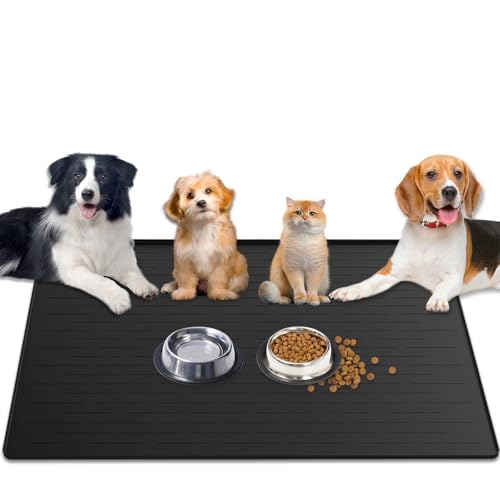 1.5MM Super Thick Dog Food Mat, 48"x32" Silicone Dog and Cat Mats for Food and Water Bowls, Waterproof Pet Feeding Mat for Contain Spills Protects Floors, Multiple Colors & Sizes for Pets, Black - color: Black, size: 48"L x 32"W