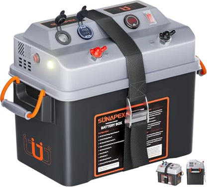 SUNAPEX Smart Battery Box 12V/24V Power Center - Multi Ports & Circuit Breaker for Trolling Motor, Marine,RV & Solar Panel (No Battery) - size: Smart battery box-Basic