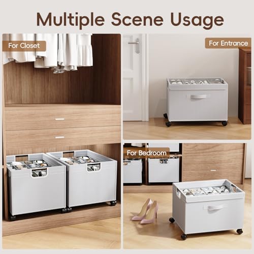 HOUSE AGAIN Shoe Organizer for Closet, Foldable Shoe Storage Organizer Box with Wheels and Adjustable Dividers, Sturdy Metal Frame Fits up to 16 Pairs, Large Shoes Storage with Clear Cover - size: 1 Pack
