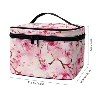 Makeup Brush Bag Cherry Blossom Pink Printed Large Capacity Travel Cosmetic Bag Toiletries Accessories with Handle and Divider Portable Brush Holder Bags - color: Cherry Blossom Pink