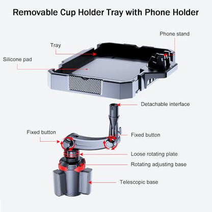 Larger Car Cup Holder Tray, 9~11 inch Expandable Car Food Tray for Eating Hamburger/Snacks, Car Travel Cup Coffee Table Stand 360° Rotating Tray Table with Phone Holder, Road Trip Essentials - color: Larger Tray