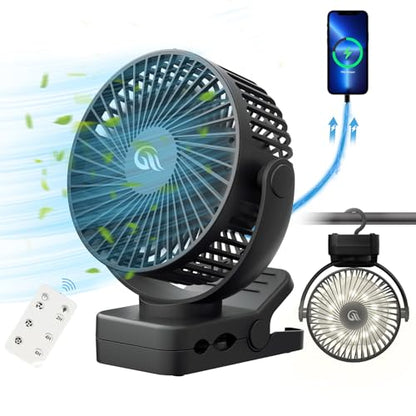 Portable Fan with Remote Control & Timer & LED Lights, 60hrs 12000mAh USB Rechargeable Battery，Clamp/Hanging/Stand Up, Small Clip on Fan for Baby Stroller, Bed, Desk, Camping Tent, Travel - size: 5 inch