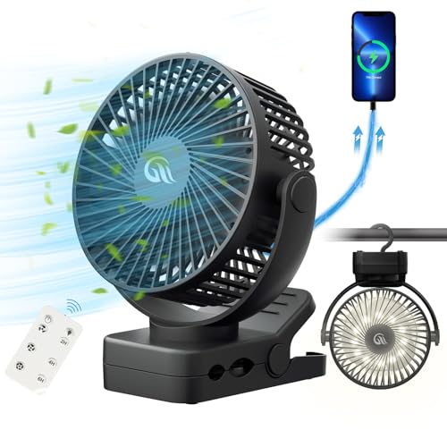 Portable Fan with Remote Control & Timer & LED Lights, 60hrs 12000mAh USB Rechargeable Battery，Clamp/Hanging/Stand Up, Small Clip on Fan for Baby Stroller, Bed, Desk, Camping Tent, Travel - size: 5 inch