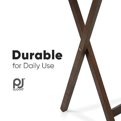 PJ Wood 5-Piece Folding Wooden Table Set, TV Tray Tables with Collapsible Storage Rack, Walnut - Portable and Adjustable Home Furniture for Living Room, Bedroom, and Kitchen