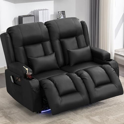 URRED Power Loveseat Recliner Sofa with Massage and Heat, Wall Hugger Reclining Loveseat, RV Couch Home Theater Seating with LED Lights for Living Room (Black, 54" - 2 Seats) - color: Black, size: 54" - 2 Seats