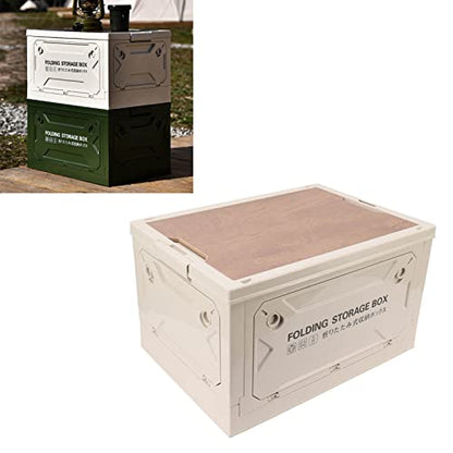 Foldable storage box, plastic campsite with wooden lids, storage tank with 50 lane and casters 50L, for camping, car trunk (Gray White) - color: Gray White
