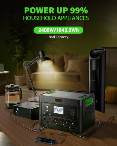 2400W Portable Power Station 1843.2Wh Solar Generator LiFePO4 Battery Power Bank Station PD100W USB-C & 4 AC Outlets for RV Camping Home Emergency UPS Backup - color: Dark Black