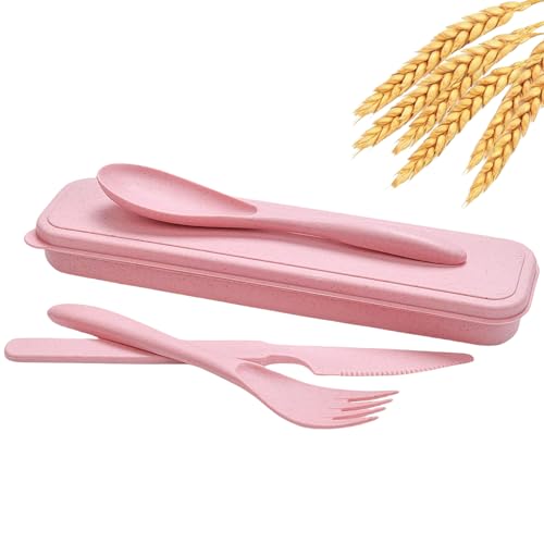 Wheat Straw Utensils Set with Case, Reusable Travel Cutlery Knife Fork Spoon, BPA-Free Portable Flatware for Camping, Hiking & Picnic (Pink) - color: Pink