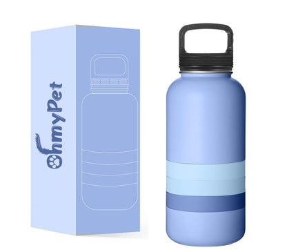OhmyPet Pet Water Bottle Station with 3 Bowls and 32oz Bottle, Pink or Blue, for Dogs - color: Blue