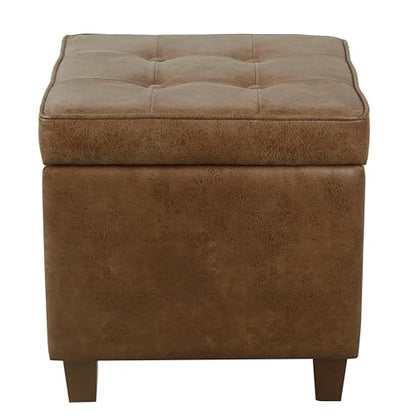 HomePop Square Tufted Storage Ottoman - Distressed Brown Faux Leather Small - color: Light Brown