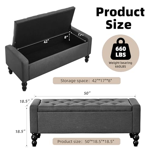 50" W Storage Ottoman Bench with Safety Hinge, Load up to 660 lb Ottoman with Storage, Upholstered Tufted Entryway Bench with Seating for Living Room, Bedroom, Entryway, Dark Gray - color: Dark Gray