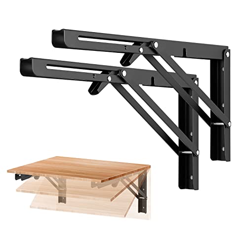 Ravinte 2 Pack 14 Inch Folding Shelf Brackets – Matte Black, Heavy Duty Collapsible Brackets for Tables and Benches – Space-Saving Design - size: 14 Inch