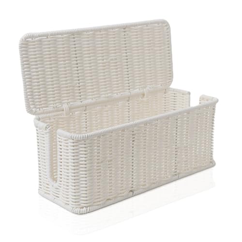 Cable Management Box, Handmade Rattan Cable Organizer with 2 Open Slots, Cord Hider for Power Strip, Router & USB Hub, Registered U.S. Design Patent (D1,112,102), 13" x 5.1" x 5.1", White - color: White