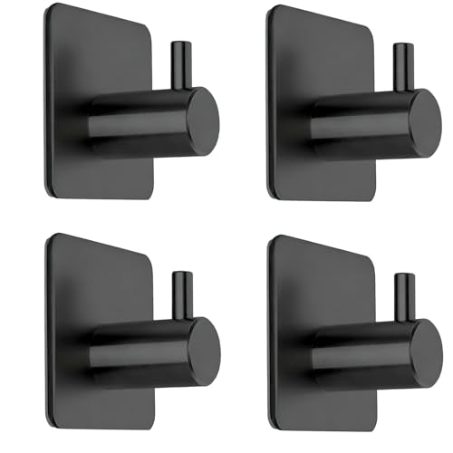 Fotosnow Black Adhesive Towel Hooks Heavy Duty Stick on Wall Hooks Shower Hooks for Bathroom Kitchen Door-4 Packs - color: Black