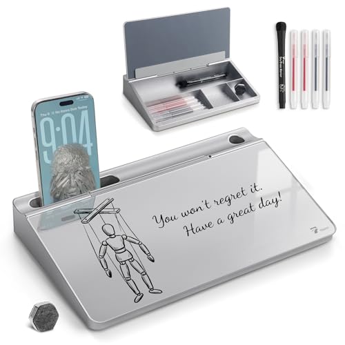 TOWON Small Compact Glass Desktop Whiteboard with Storage – 12 x 7 in Dry Erase Board for Desk, Home Office, School | Includes 5 Markers, Eraser & Holder | Space-Saving Organizer, Metallic Silver - color: Silver