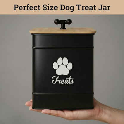 Dog Treat Container Airtight - 6 Inch Wide x 8 Inch Tall Iron Dog Treat Jar for Kitchen Counter with Airtight Bamboo Lid - 12 Cup Capacity Pet Treat Container - Doggie Cookie Jar - Big Treats Canister - color: Black