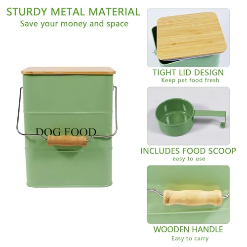 Morezi Dog Treat and Food Storage tin with Wooden lid and Scoop Included - White Powder - Carbon Steel - Dog Food bin - pet Food Container Storage Canister Green - color: Green