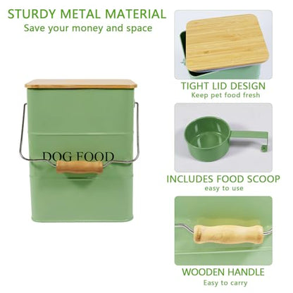 Morezi Dog Treat and Food Storage tin with Wooden lid and Scoop Included - White Powder - Carbon Steel - Dog Food bin - pet Food Container Storage Canister Green - color: Green