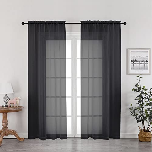 OWENIE Black Sheer Curtains 72 Inches Long 2 Panels, Transparent Voile Sheer Curtain Double Rod Pocket Gauze Drapes for Living Room Bedroom Window Sliding Glass Door Treatment, 42 x 72 Inch - color: Black, size: 42"W x 72"L (Pack of 2)