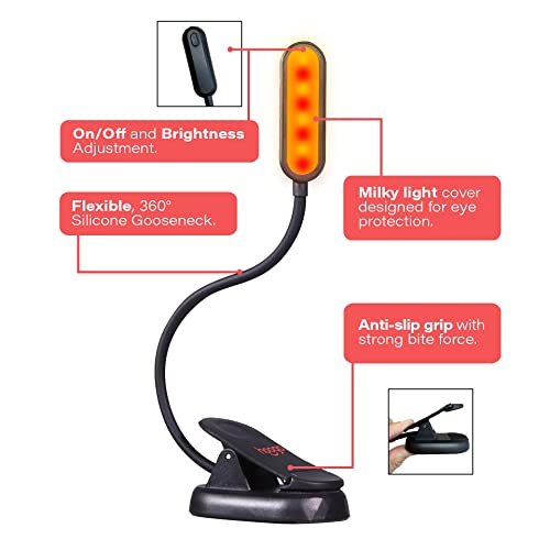hooga Amber Book Light – Blue Light Blocking Reading Light for Bed, Stepless Dimming, Rechargeable Clip-On Night Light, 1600K Amber & 625nm Red LED for Night Reading - color: Dual Red & Amber