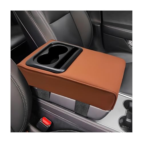 Car Center Console Armrest Pillow, Memory Foam Auto Armrest Box Cover with Cup Holder & Phone Holder, Waterproof Leather Arm Rest Protector Cushion, Interior Car Accessories (Brown) - color: Brown