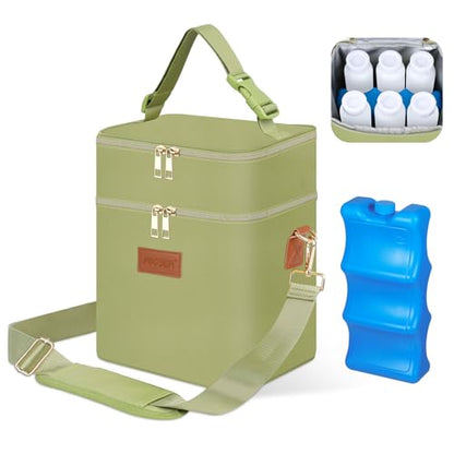 PIIOSER Breastmilk Cooler Bag with Ice Pack Fits 6 Baby Bottles Up to 9 Ounce, Insulated Baby Bottle Tote Bags, Double Layer Waterproof Leak-Proof with Shoulder Strap for Nursing & Working Mom (Green) - color: Green