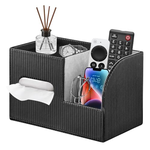 Modern PU Leather Cube Tissue Box Cover with Storage Tray, Multifunctional Remote Control Holder & Facial Tissue Dispenser Organizer for Nightstand, Bathroom, Bedroom, Office & Home Decor - color: Black